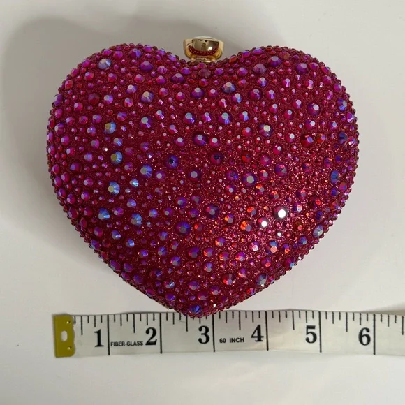 Ramla Amour Raspberry Pink Rhinestone Heart Clutch Evening Bag  $189 New - Picture 7 of 9